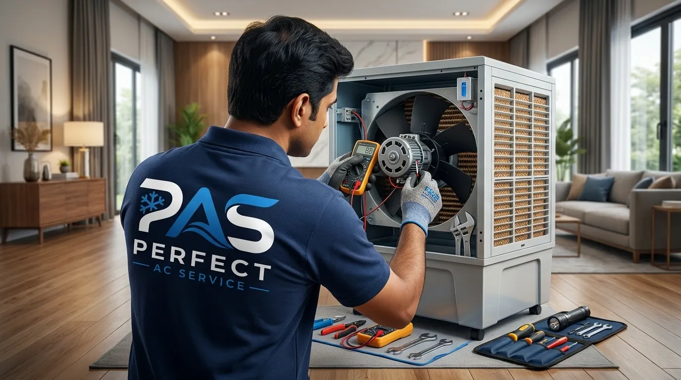 Technician repairing desert air cooler