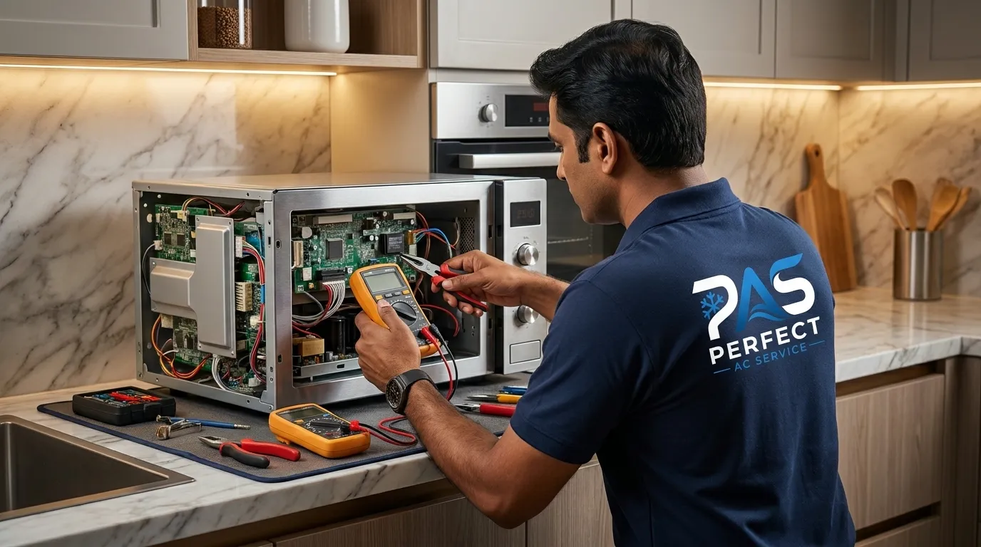 Technician repairing commercial appliance