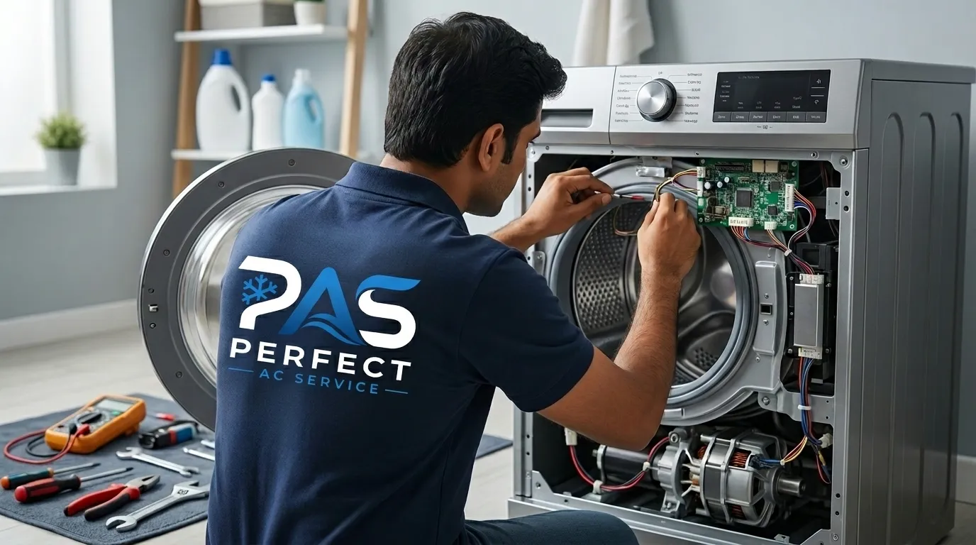 Technician repairing commercial washing machine